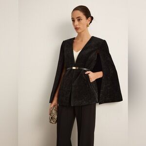 Commense Elegant Crushed Velvet Open Front Black Cape Blazer Cloak Size Small